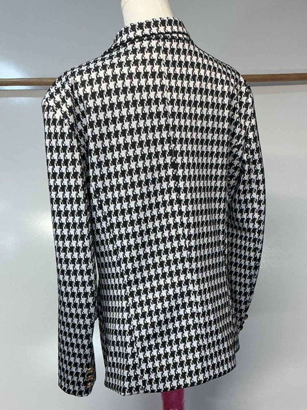 Attitude Unknown L Black White Houndstooth Double Breasted Blazer Gold Buttons - Picture 11 of 16